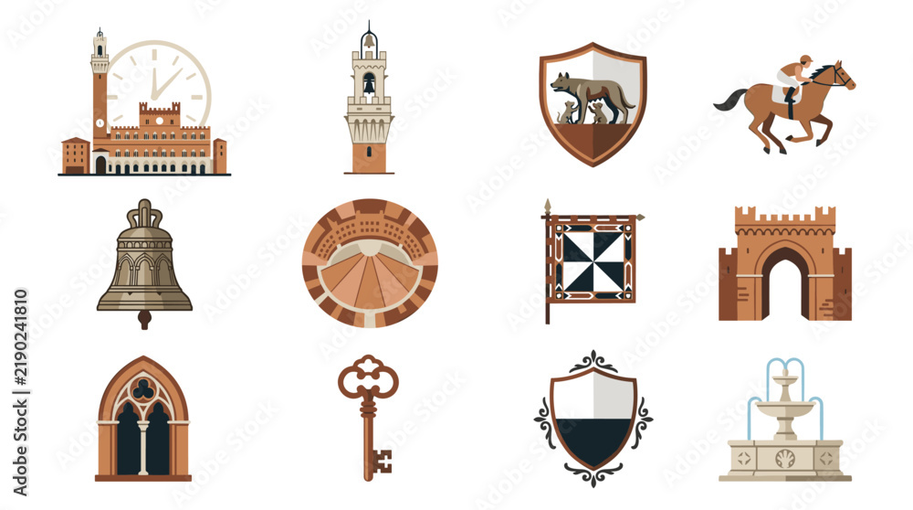 Obraz premium Vector icon set of Siena landmarks and heritage symbols featuring Palazzo Pubblico, Torre del Mangia, Palio di Siena horse racing, Piazza del Campo architecture, and Tuscan cultural emblems.