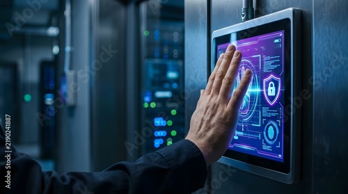 Hand interacting with a digital biometric scanner displaying a security shield