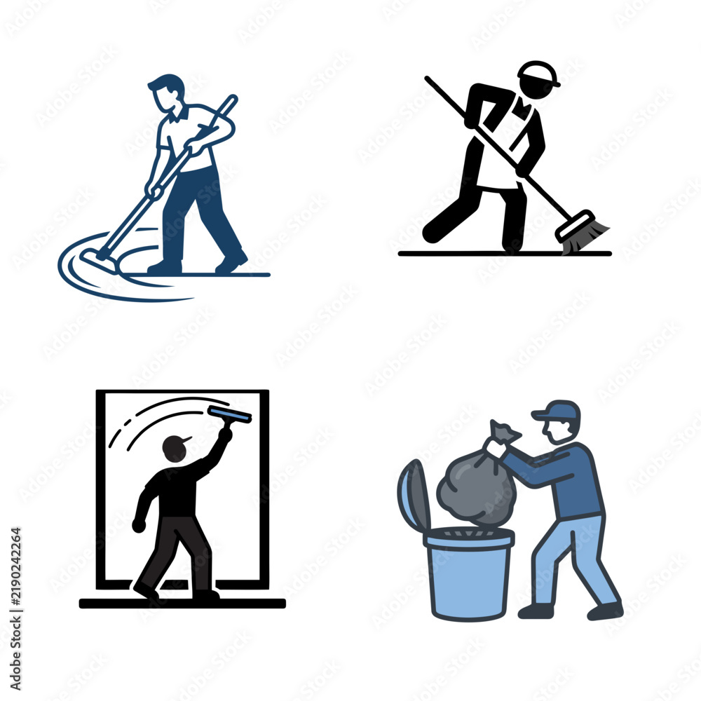Fototapeta premium Cleaner Man Janitor Service Housekeeping Sweeping Mopping Line Art Vector Illustration Character Isolated White Background Stock Illustration
