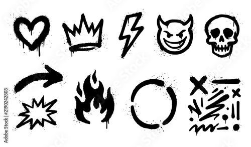 Black graffiti spray paint symbols collection with skull heart crown and street art vector elements