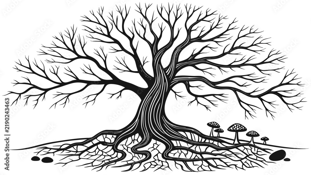 Fototapeta premium Graphic illustration of a bare tree with exposed roots and small mushrooms on the ground