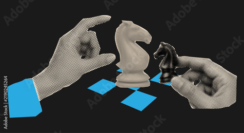 Retro Halftone Style Chess Game with Knight Pieces and Hands Moving