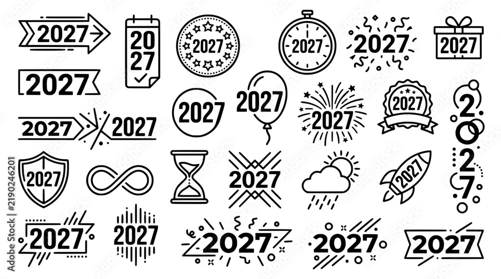 Fototapeta premium Modern Minimal 2027 New Year Number Logos Editable Outline Vector Collection
