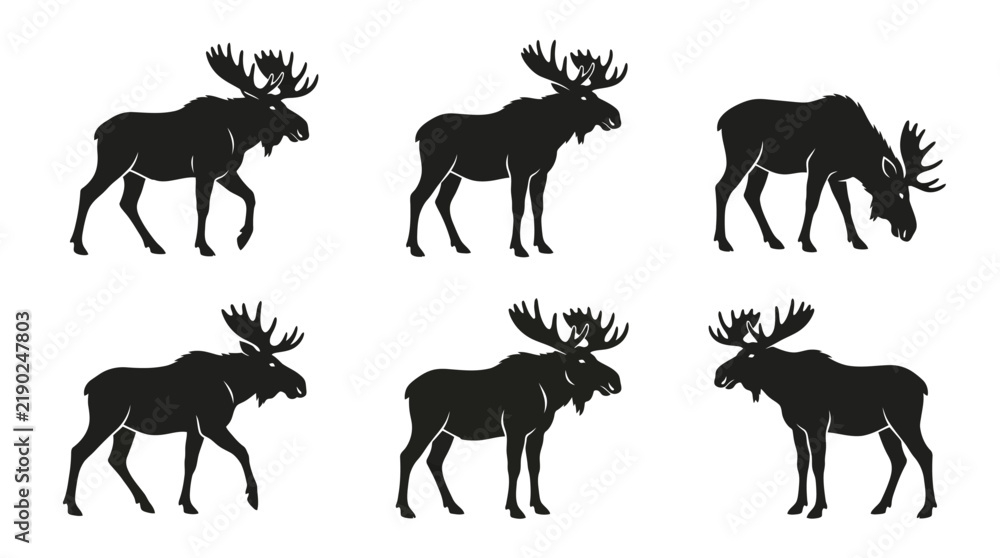 Fototapeta premium Set of moose silhouettes in various poses on white background