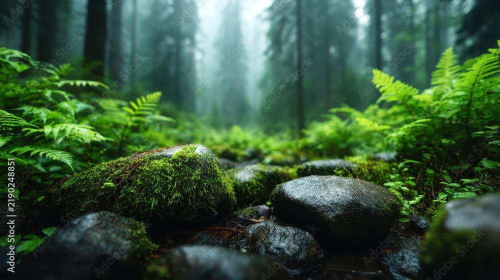 Fototapeta premium A serene forest scene unfolds with moss-covered stones amidst lush greenery, capturing nature's beauty and tranquility in a misty environment perfect for outdoor experiences.
