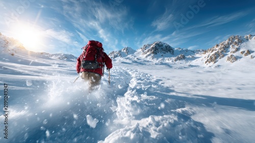 A lone adventurer clad in red gear trekking through a pristine snowy landscape, capturing the essence of exploration and the beauty of nature in a winter wonderland.
