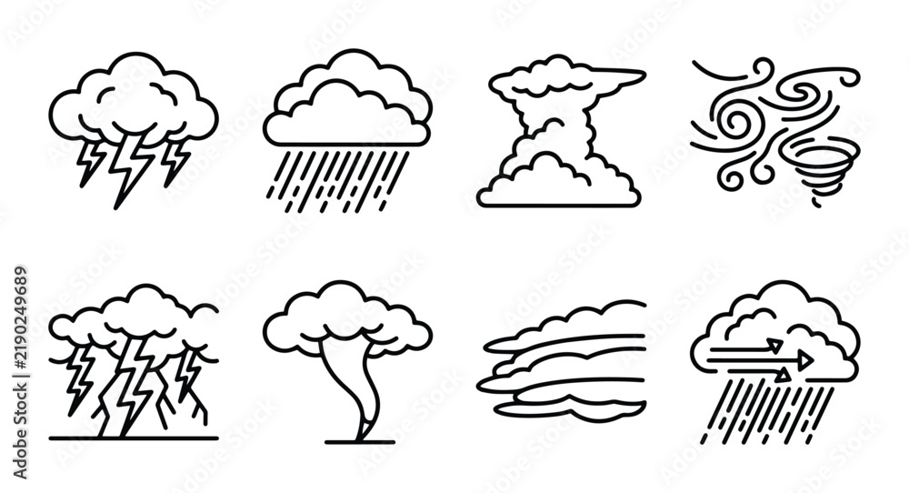 Obraz premium Weather Icons Set: Storms, Clouds, Rain, Wind, Tornado, Lightning, Thunderstorm
