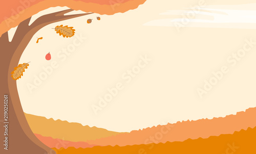 Autumn landscape with oak tree and falling leaves. Flat vector illustration with copy space. Seasonal banner, nature background, web header, poster template.