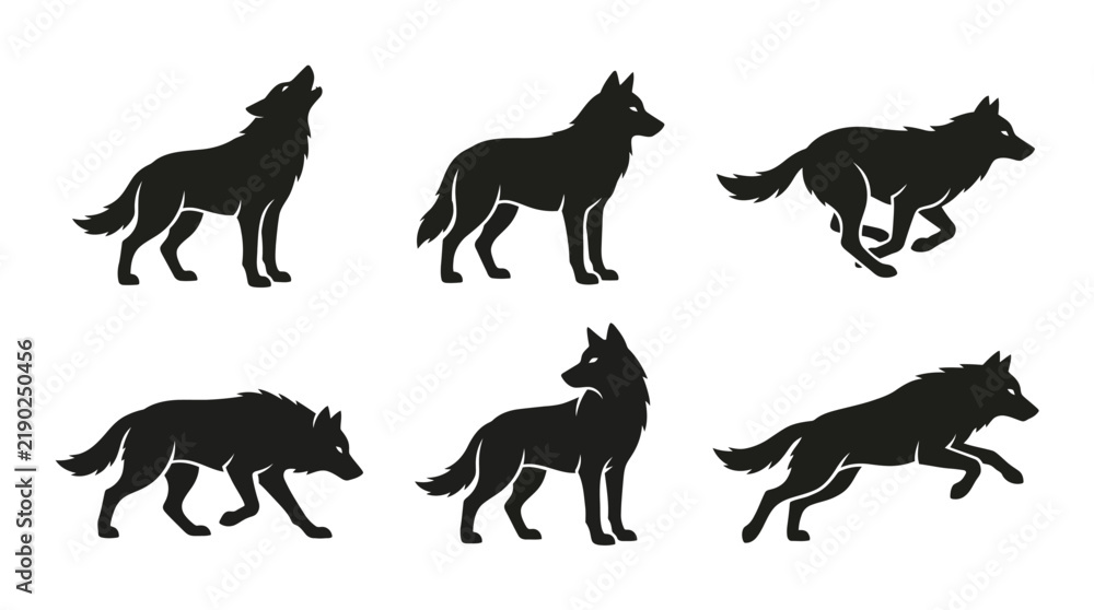 Obraz premium Set of six black wolf silhouettes in different poses