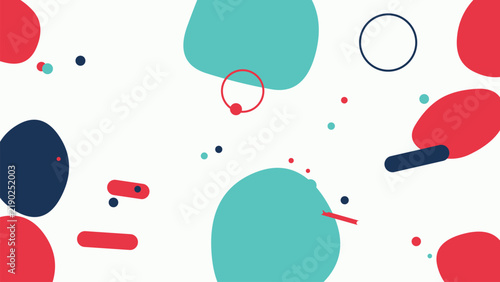 Abstract geometric shapes pattern with red and teal circles on white