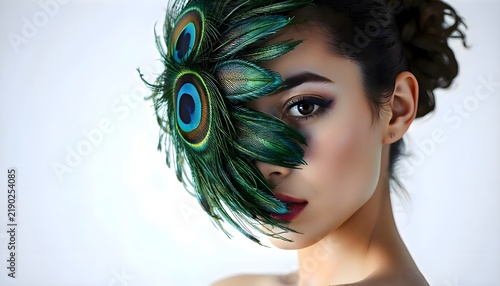 Portrait of beautiful young woman wearing colorful vibrant peacock feather accessory in her hair posing in creative studio setting