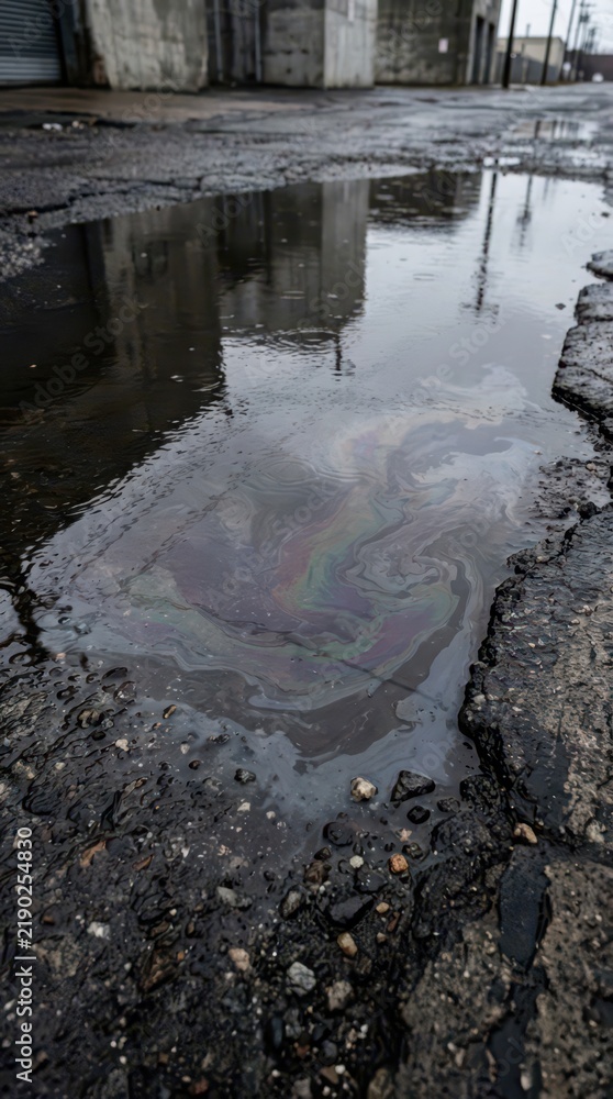 Obraz premium Vertical street puddle with rainbow oil film reflecting industrial buildings for environmental awareness background and poster design
