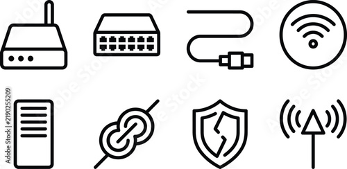 Minimalist outline network hardware icons featuring routers and cables