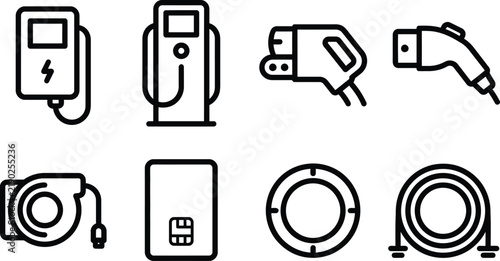 Electric vehicle charging station icons with plugs and cables