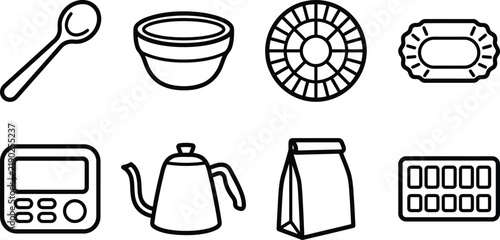 Minimalist outline icons representing essential coffee tasting tools and accessories