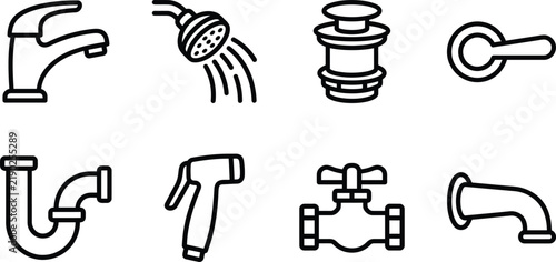 Bathroom plumbing fixtures and hardware icons outline line art