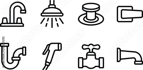 Minimalist outline icon collection of essential bathroom plumbing fixtures