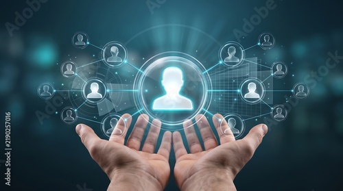 Hands presenting a glowing digital human resources holographic interface with connected user profile icons representing talent management and workforce organization solutions
