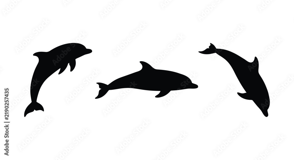 Fototapeta premium Three dolphin silhouettes are displayed against a plain white background creating a marine scene