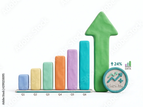 3D clay growth bar chart with green arrow isolated on white background