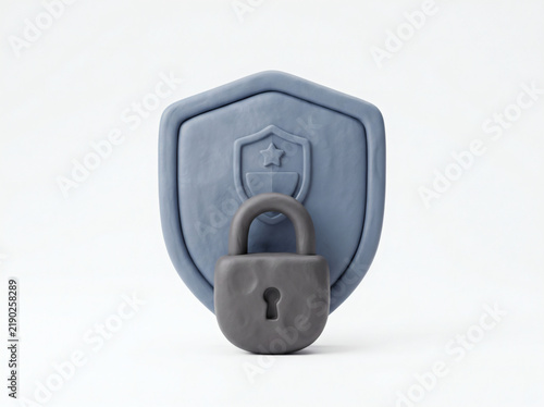 3D clay security shield and padlock protection icon isolated on white background