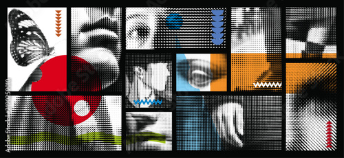 Abstract halftone brutalist collage with geometric shapes, elements, portraits and vibrant modern graphic composition.