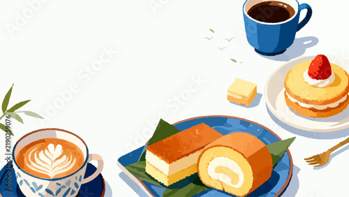 Japanese Tea and Coffee Cups with Strawberry Cake Illustration on White Background