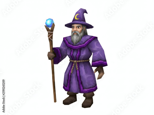 3D low poly wizard character with purple robe and magic staff isolated