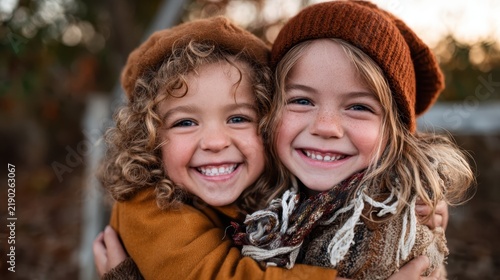 This heartwarming image captures two smiling children embracing each other amidst a stunning autumn backdrop, radiating warmth and joy in a cozy atmosphere.