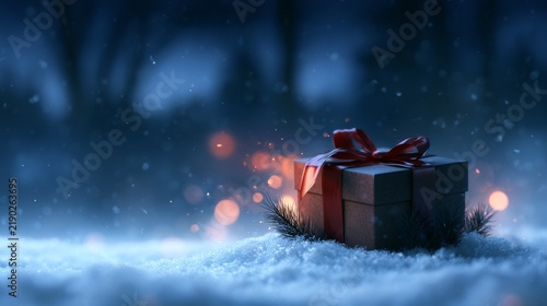 Christmas gift box on snowy ground at night