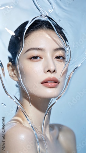 Woman beauty portrait with blue water droplets and transparent liquid