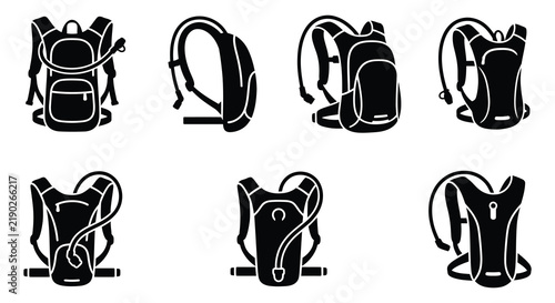 Cycling equipment icons depict hydration packs bottles and repair tools