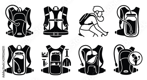 Cycling equipment icons depict hydration packs bottles and repair tools