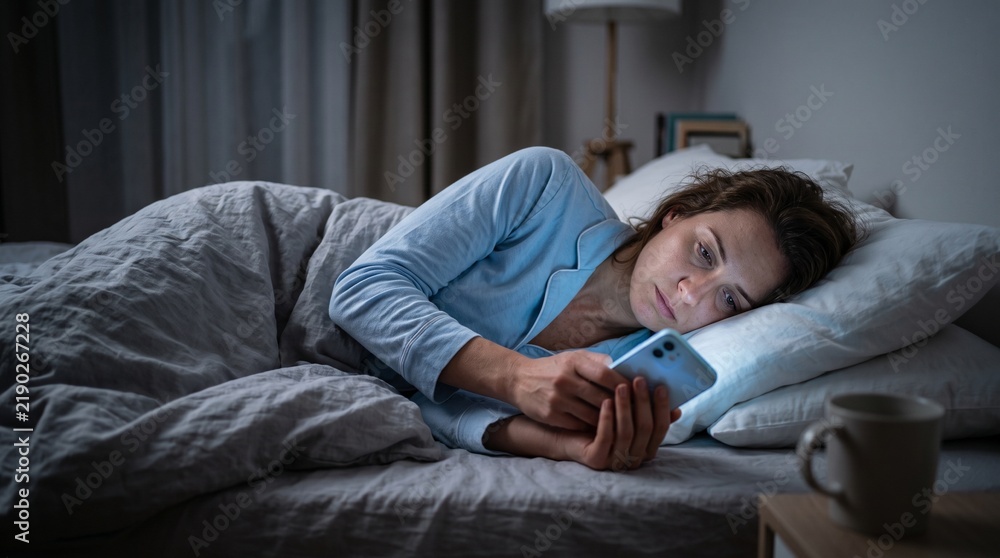 Fototapeta premium Woman lying awake in bed at night illuminated by smartphone glow showing insomnia and social media addiction