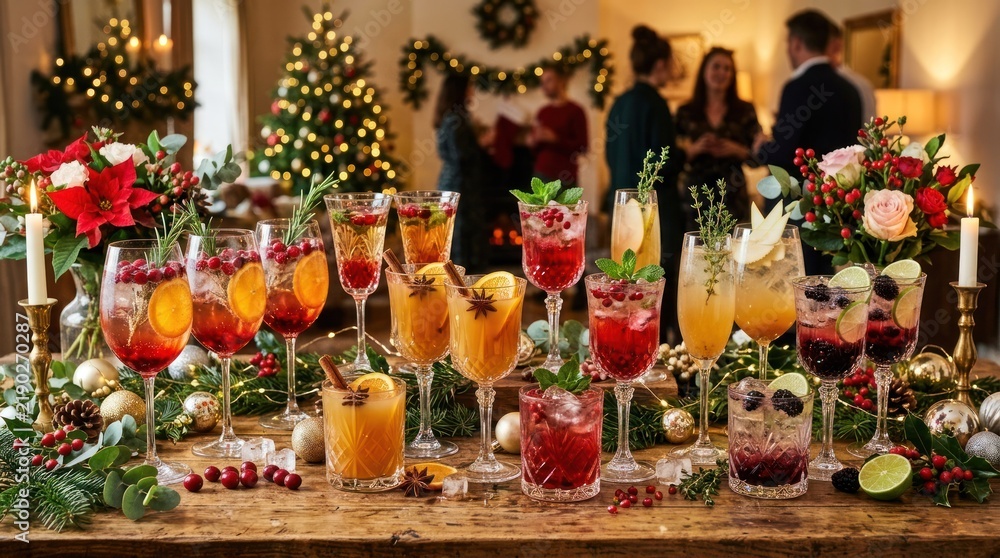 Fototapeta premium A festive holiday table with a variety of colorful drinks and decorations.