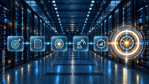 Glowing digital flowchart connecting target strategy to AI processing and robotic automation ending at a central network hub inside a server room