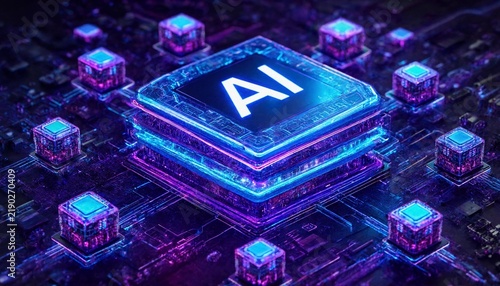Glowing Purple AI Microchip Surrounded by Digital Data Cubes