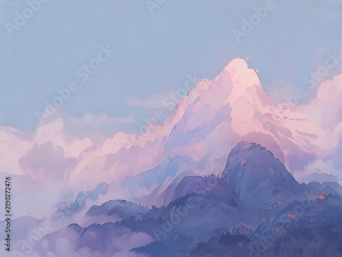 Dreamy Mountain Landscape in Soft Pink and Blue Watercolor