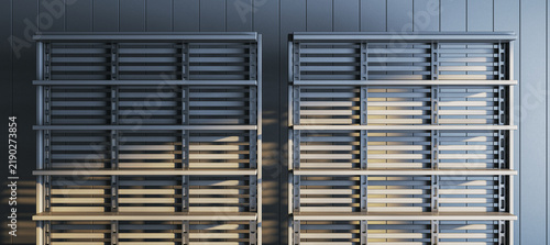 Empty modern warehouse rack interior with contemporary industrial design, organized storage shelves, and dramatic indoor light. 3D Rendering