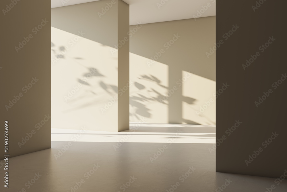 Obraz premium Modern minimalist interior with architectural columns, sunlight and soft shadows across an empty contemporary exhibition room. 3D Rendering