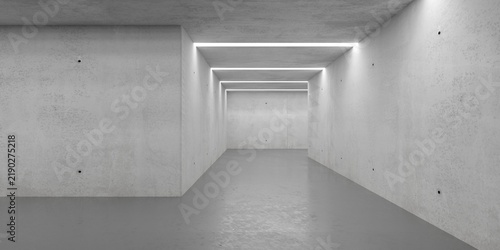 Modern minimal concrete hallway or corridor with row of light strips - industrial empty brutalism interior room background template
