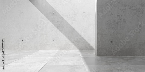 Modern minimal concrete room with tiled floor and huge walls with sunlight - industrial empty brutalism interior background template
