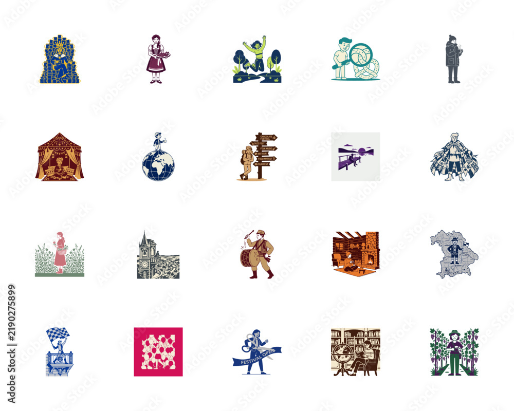 Fototapeta premium Premium Oktoberfest vector icon collection featuring traditional Bavarian culture symbols people and beer festival elements.
