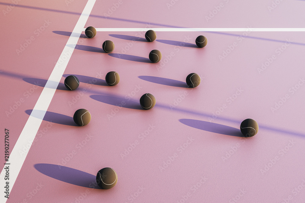 Fototapeta premium Abstract tennis balls scattered across an empty modern court with dramatic shadows, contemporary sports design and light background. 3D Rendering