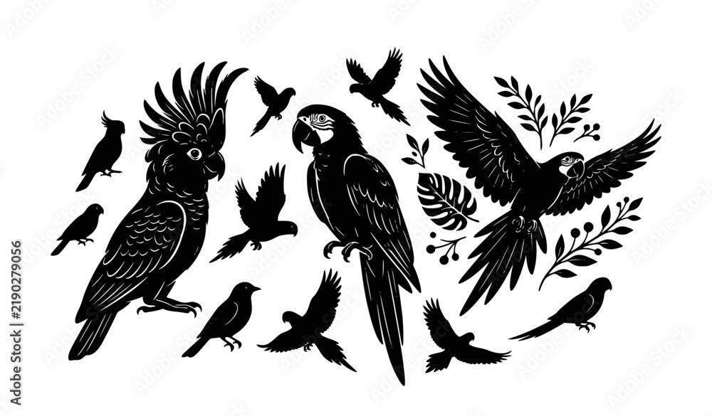 Fototapeta premium Decorative Cockatoo and Parrot Silhouette Vector Collection