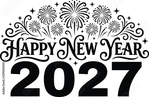 Happy New Year 2027 Doodle Illustration with Festive Elements and Countdown.