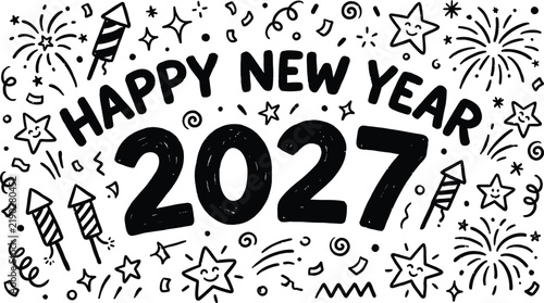 Happy New Year 2027 Doodle Illustration with Festive Elements and Countdown.