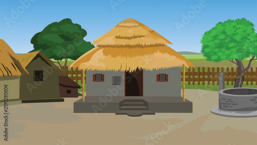 Bild auf Leinwand Traditional mud hut with double layer thatched roof near a water well indian vil