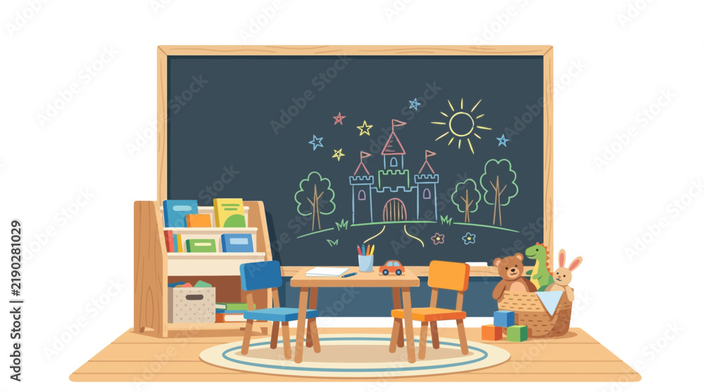 Obraz premium Children's classroom with castle drawing on blackboard