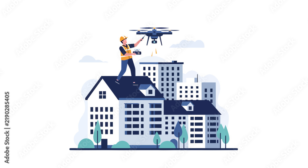 Fototapeta premium Professional Engineer Using Drone for City Building Inspection and Aerial Survey Illustration